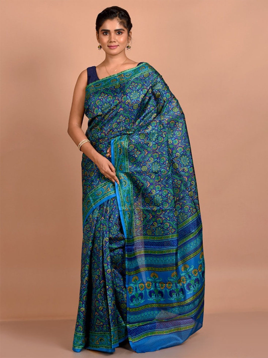 

AllSilks Ethnic Motifs Printed Pure Silk Saree, Blue