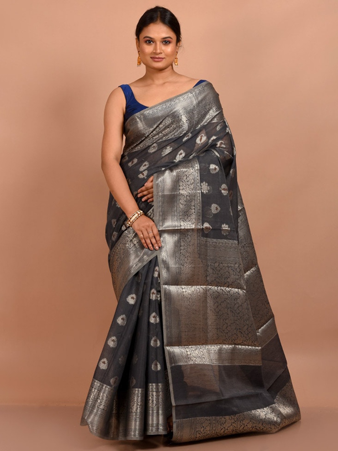 

AllSilks Ethnic Motifs Woven Design Zari Pure Cotton Saree, Black