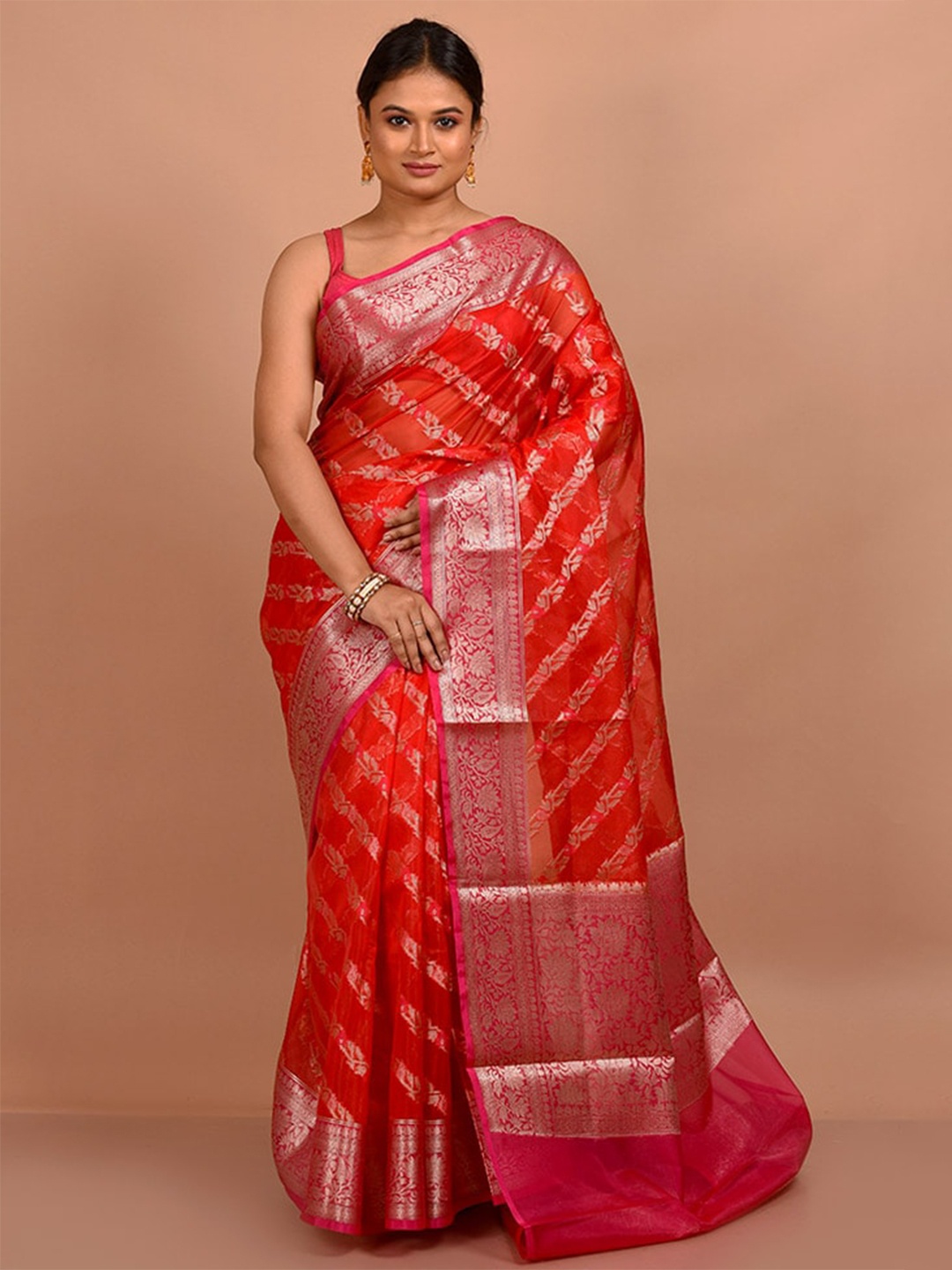 

AllSilks Ethnic Motifs Woven Design Zari Organza Saree, Red