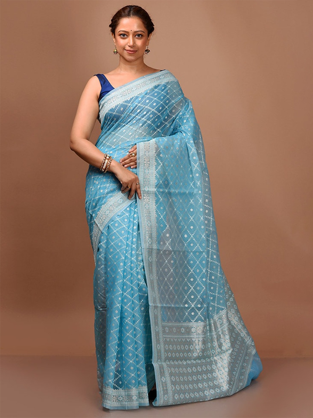 

AllSilks Ethnic Motifs Woven Design Zari Detail Saree, Blue