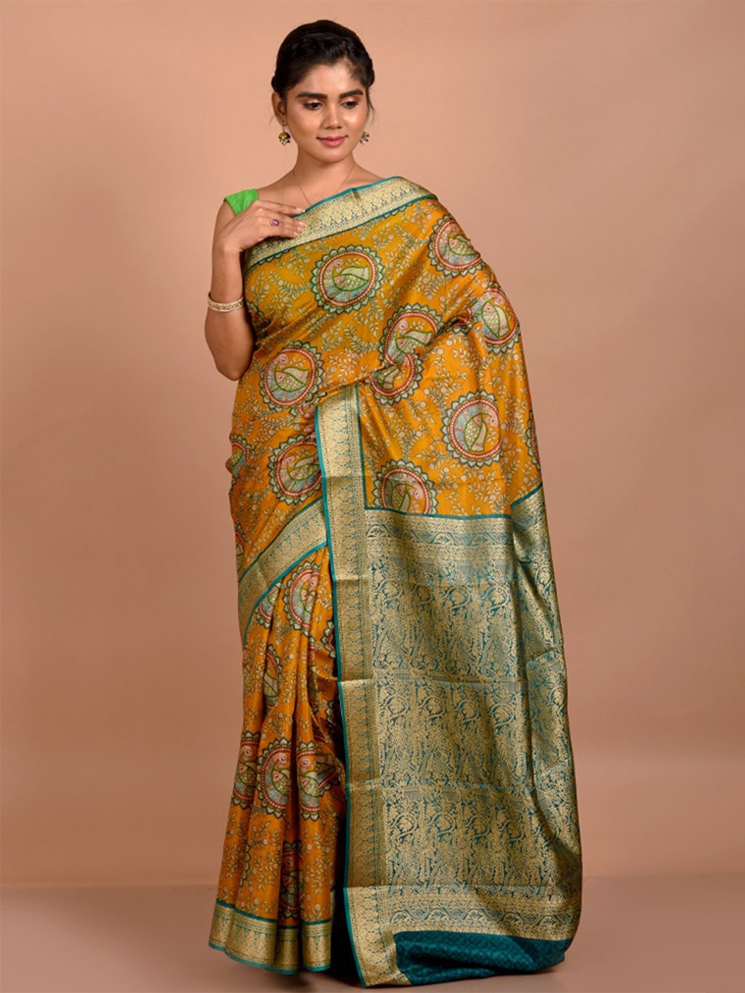 

AllSilks Ethnic Motifs Printed Zari Pure Silk Saree, Mustard