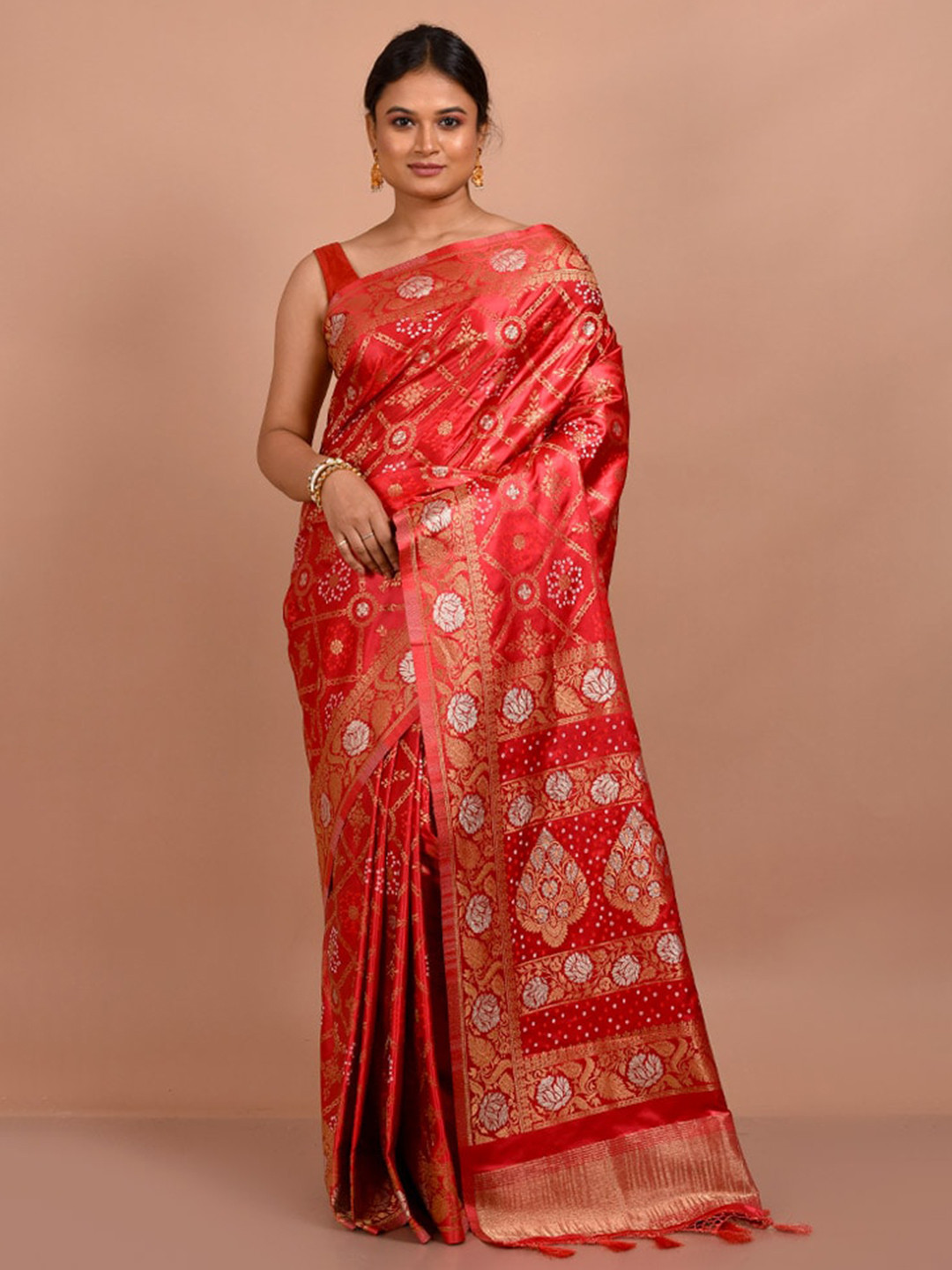 

AllSilks Ethnic Motifs Woven Design Zari Detail Saree, Pink