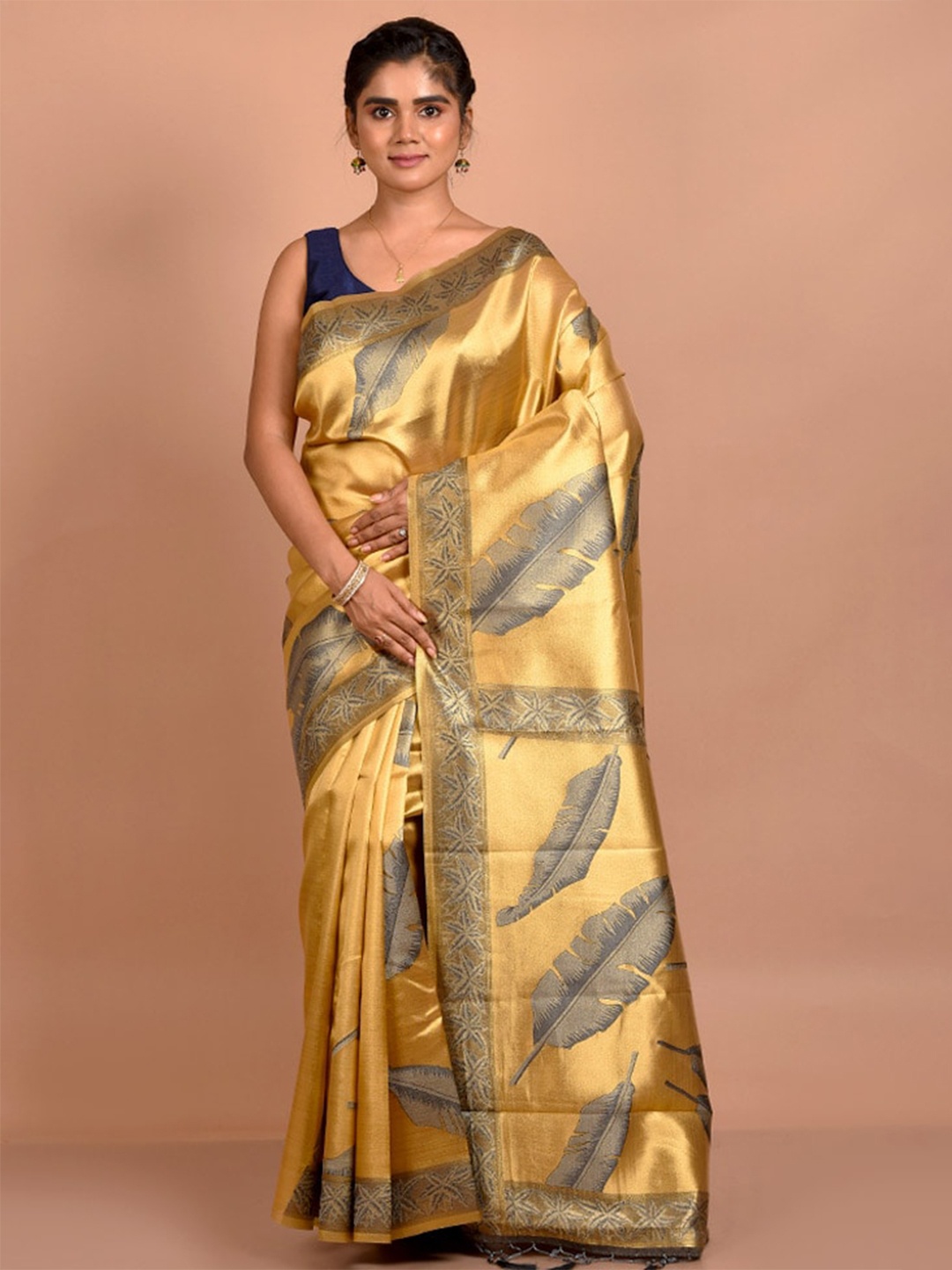 

AllSilks Floral Printed Zari Saree, Gold