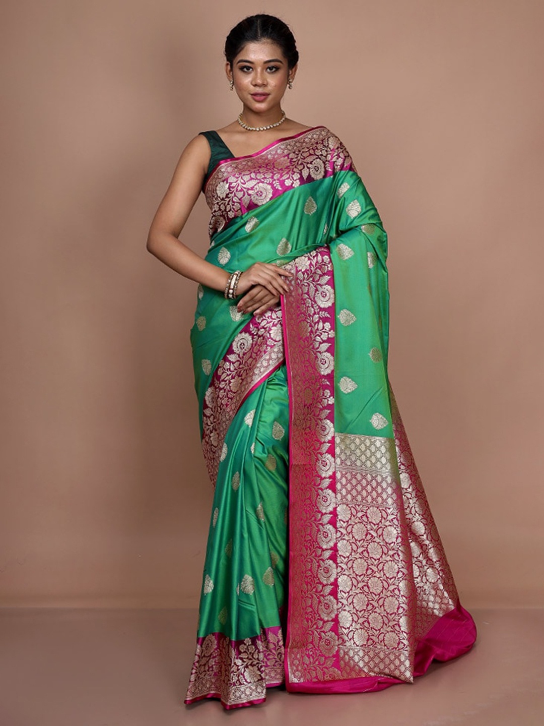 

AllSilks Floral Woven Design Zari Saree, Green