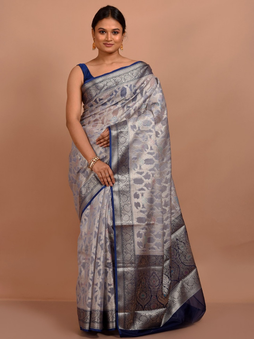 

AllSilks Ethnic Motifs Woven Design Zari Organza Saree, Grey