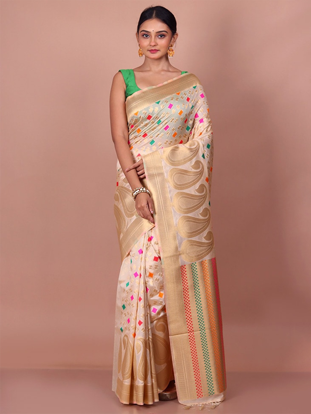 

AllSilks Ethnic Motifs Woven Design Zari Saree, Cream