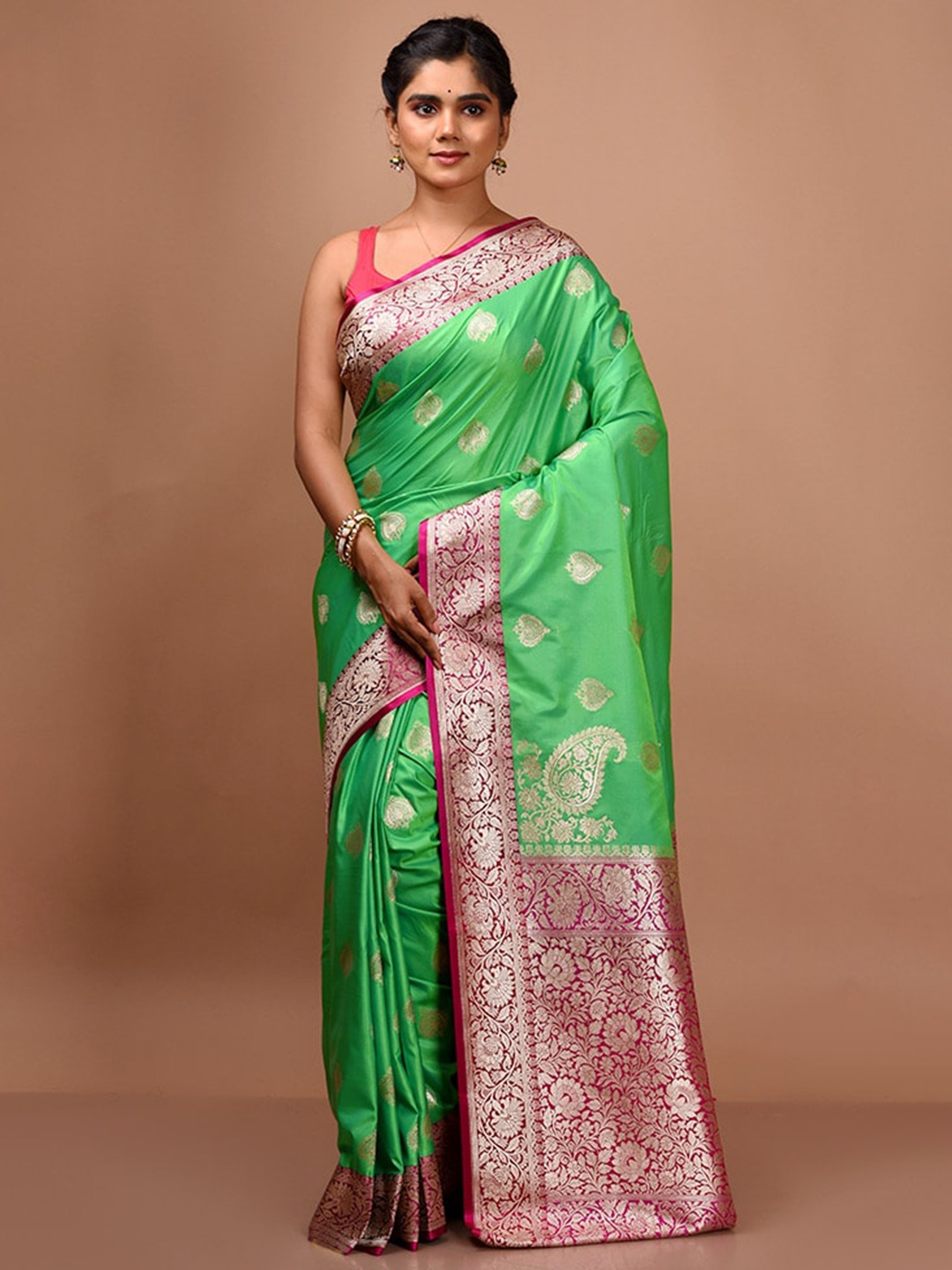

AllSilks Ethnic Motifs Woven Design Zari Detail Saree, Green