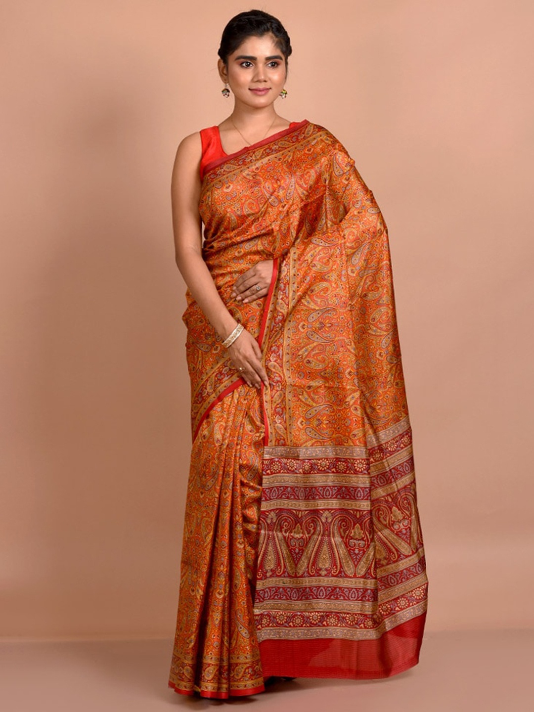 

AllSilks Paisley Printed Pure Silk Saree, Orange