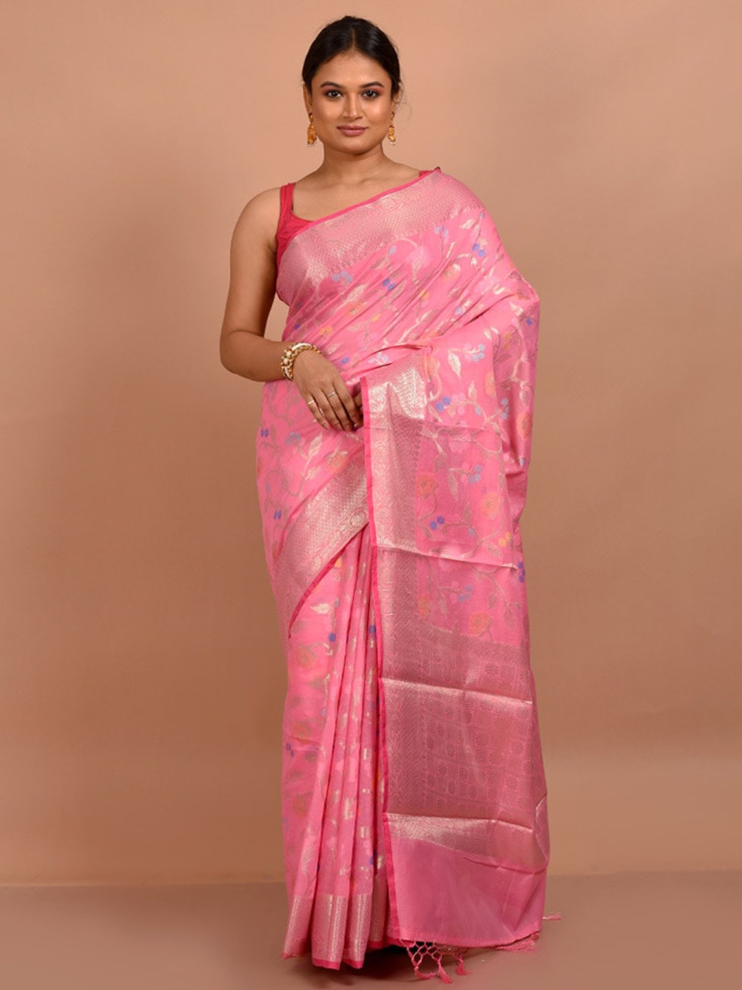 

AllSilks Floral Woven Design Zari Saree, Pink