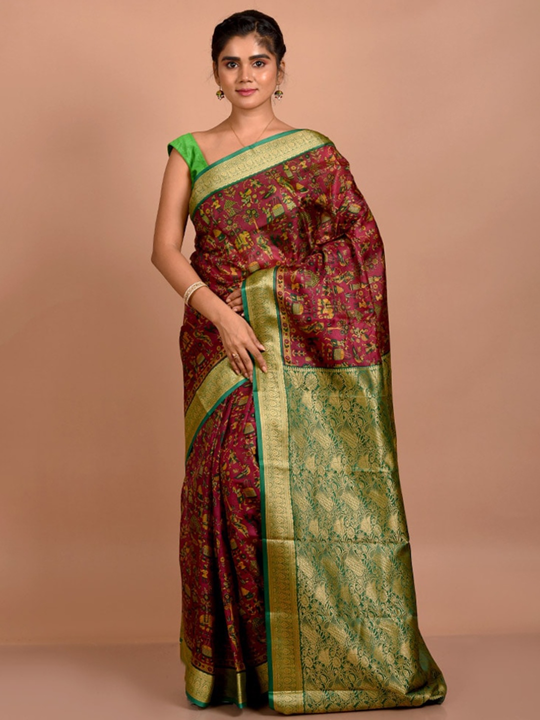 

AllSilks Ethnic Motifs Printed Zari Pure Silk Saree, Pink