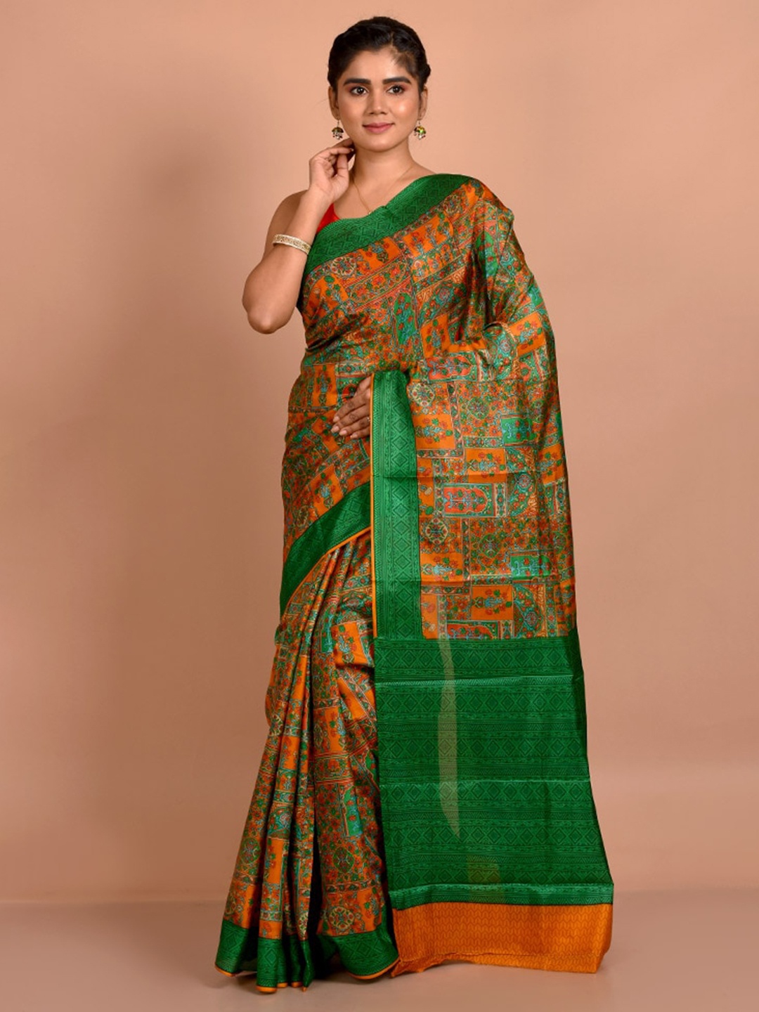 

AllSilks Ethnic Motifs Printed Pure Silk Saree, Orange