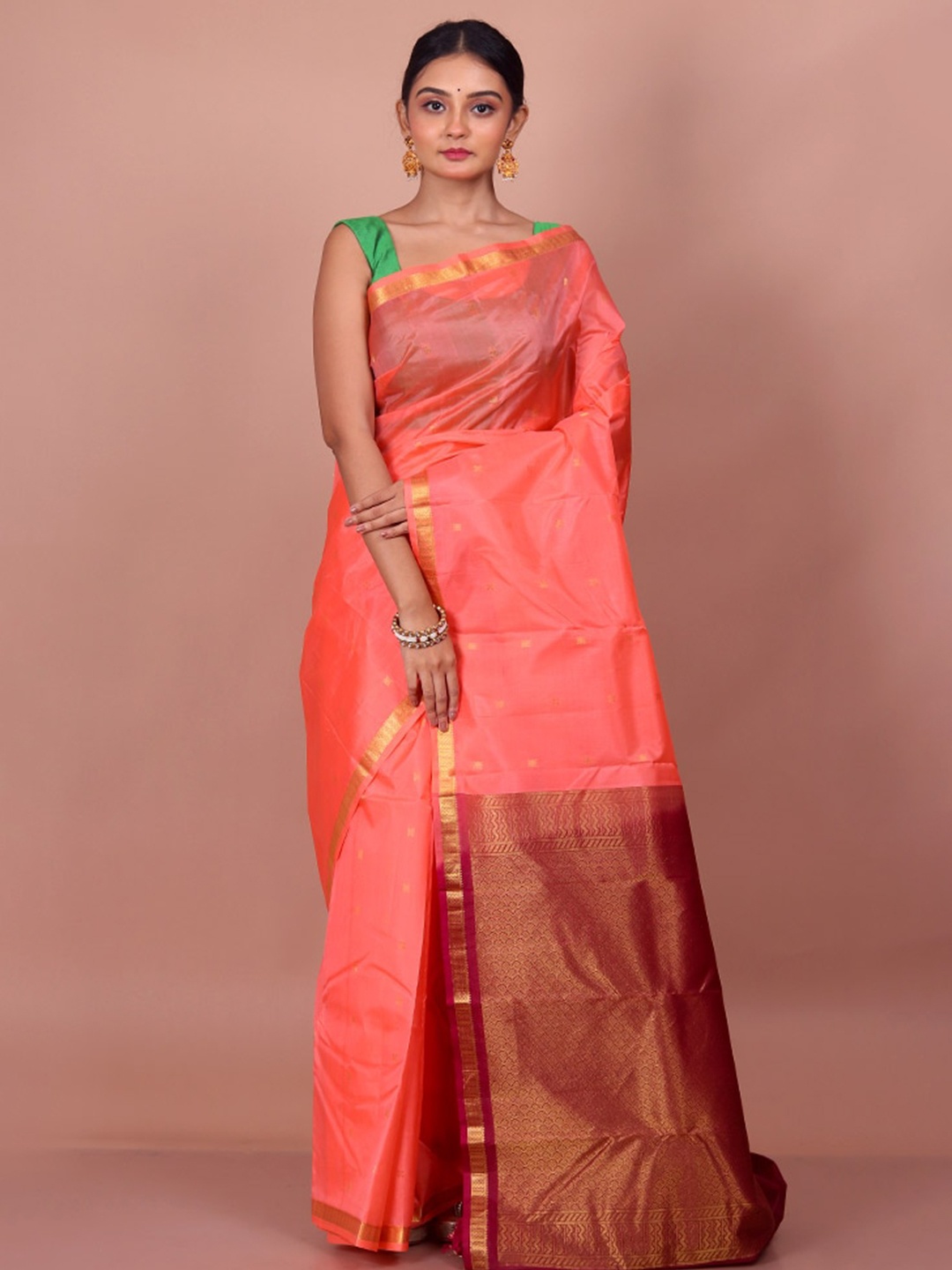 

AllSilks Ethnic Motifs Woven Design Zari Kanjeevaram Saree, Peach