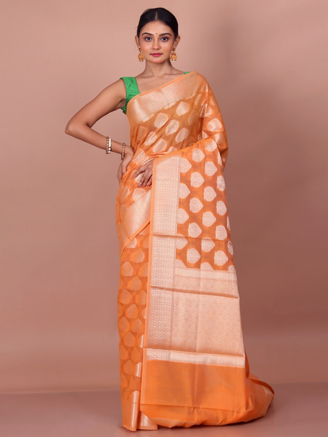 

AllSilks Ethnic Motifs Woven Design Zari Pure Cotton Saree, Orange