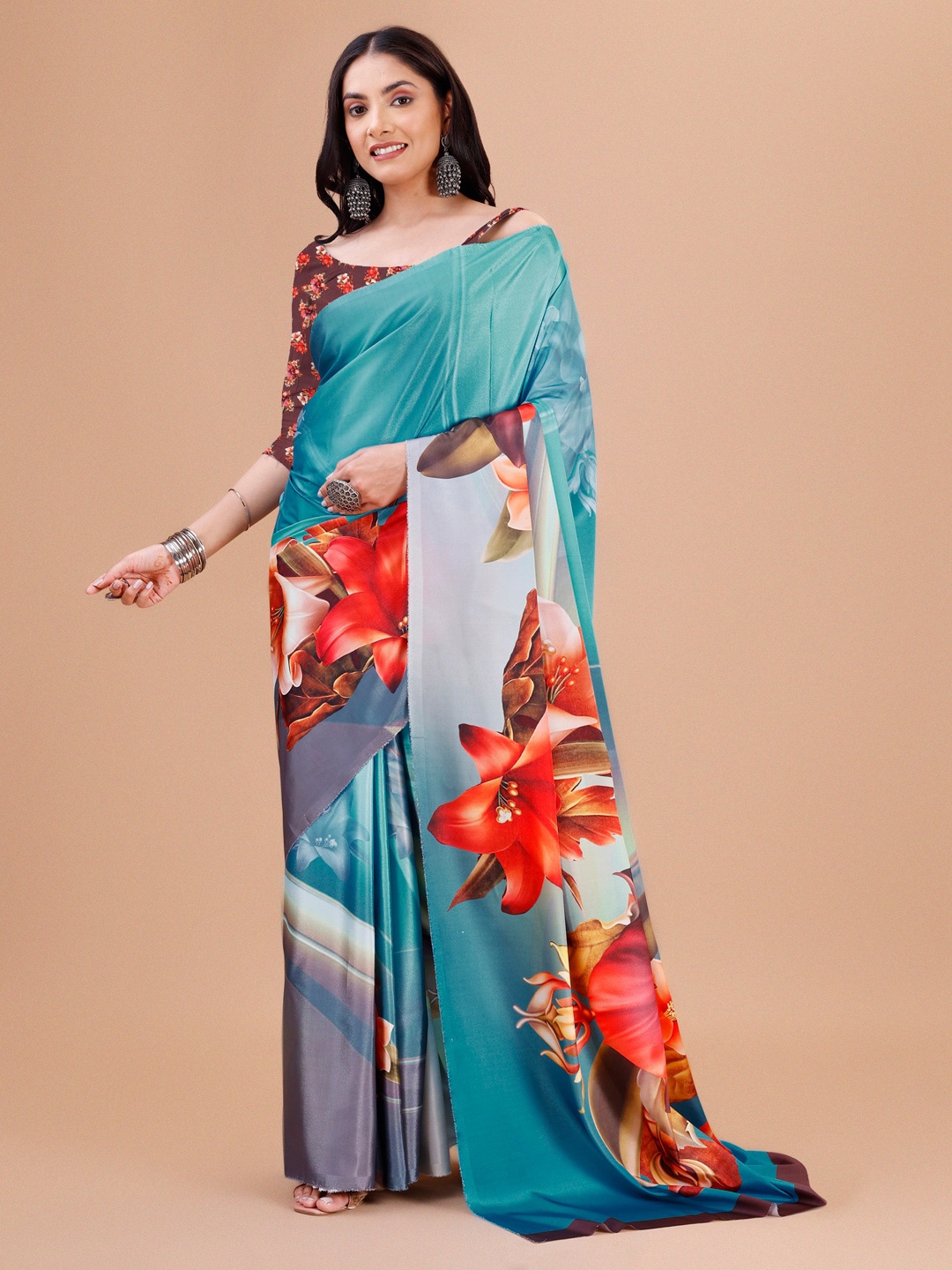 

Indian Fashionista Floral Printed Saree, Blue