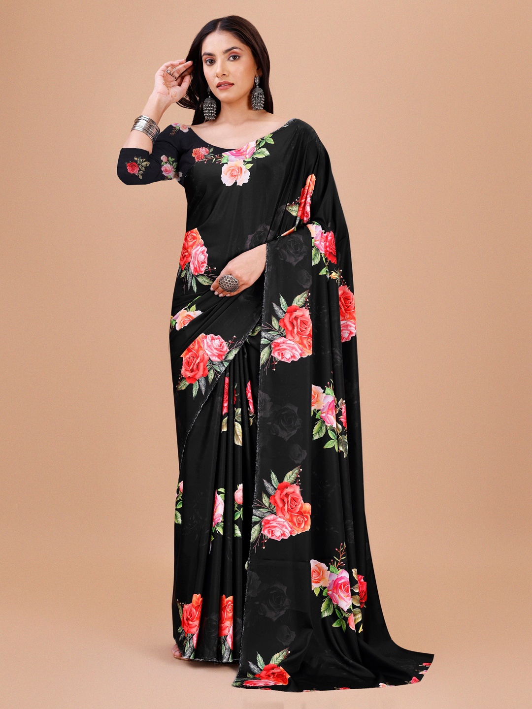 

Indian Fashionista Floral Printed Saree, Black