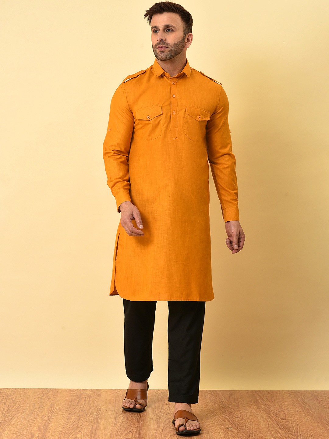 

Vgyaan Shirt Collar Long Sleeves Pathani Kurta & Trousers, Mustard