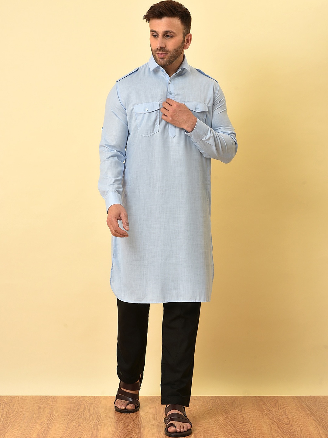 

Vgyaan Shirt Collar Long Sleeves Pathani Kurta & Trousers, Blue