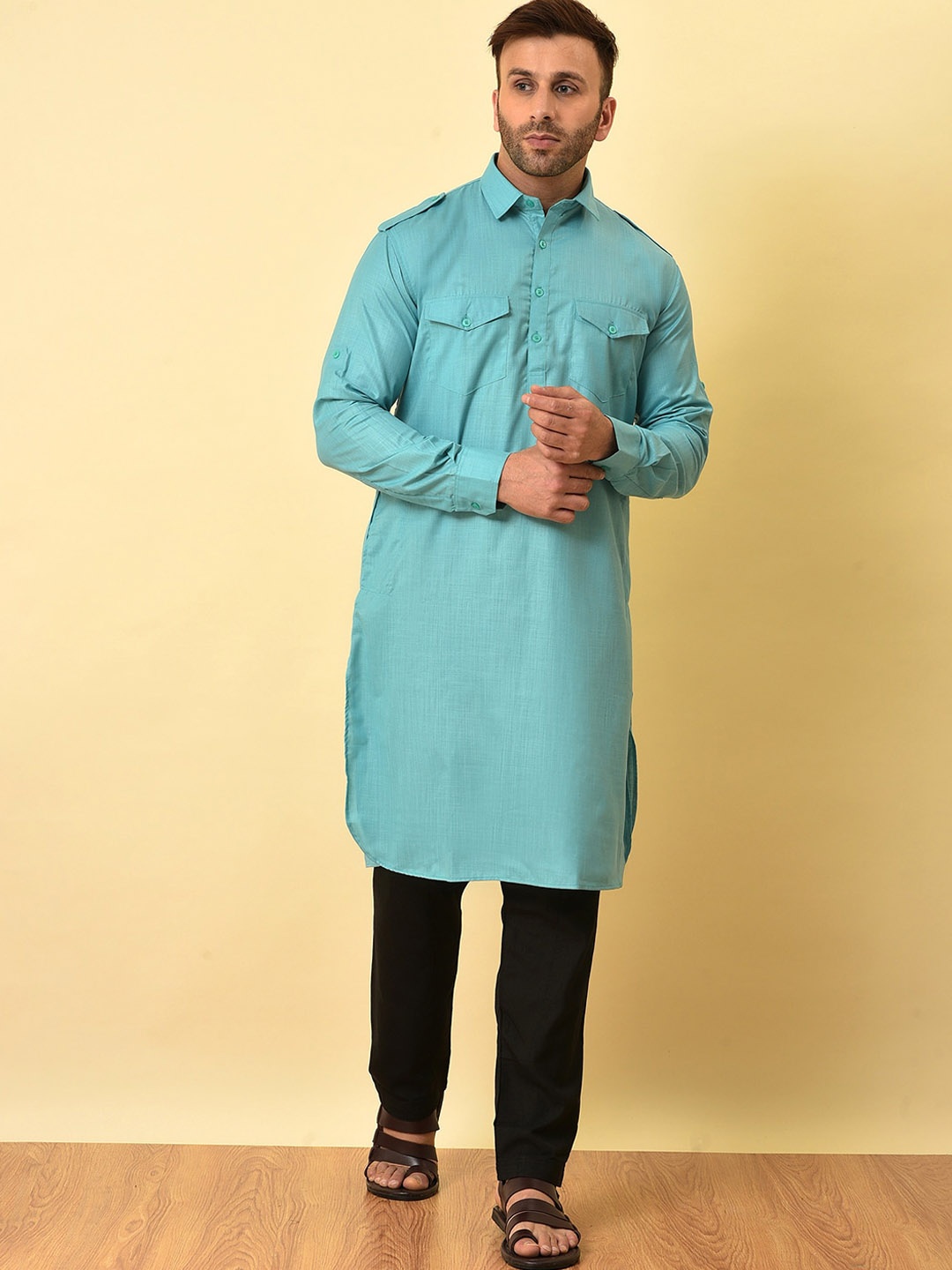 

Vgyaan Woven Design Shirt Collar Regular Kurta with Trouser, Turquoise blue