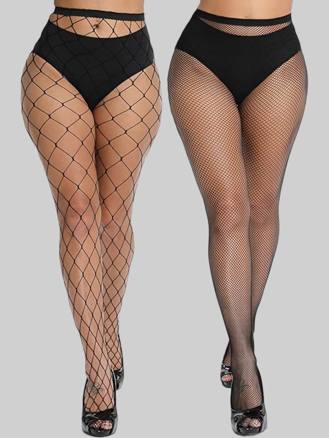 

PLUMBURY Pack of 2 Mesh High Waist Stretchable Stockings, Black