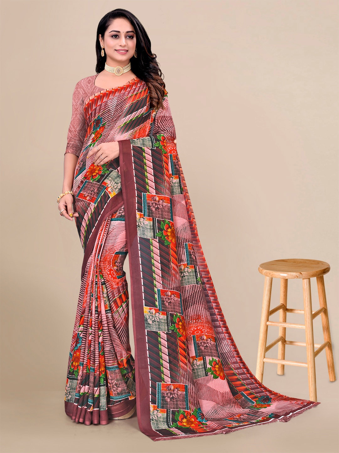 

KALINI Floral Printed Pure Georgette Saree, Pink