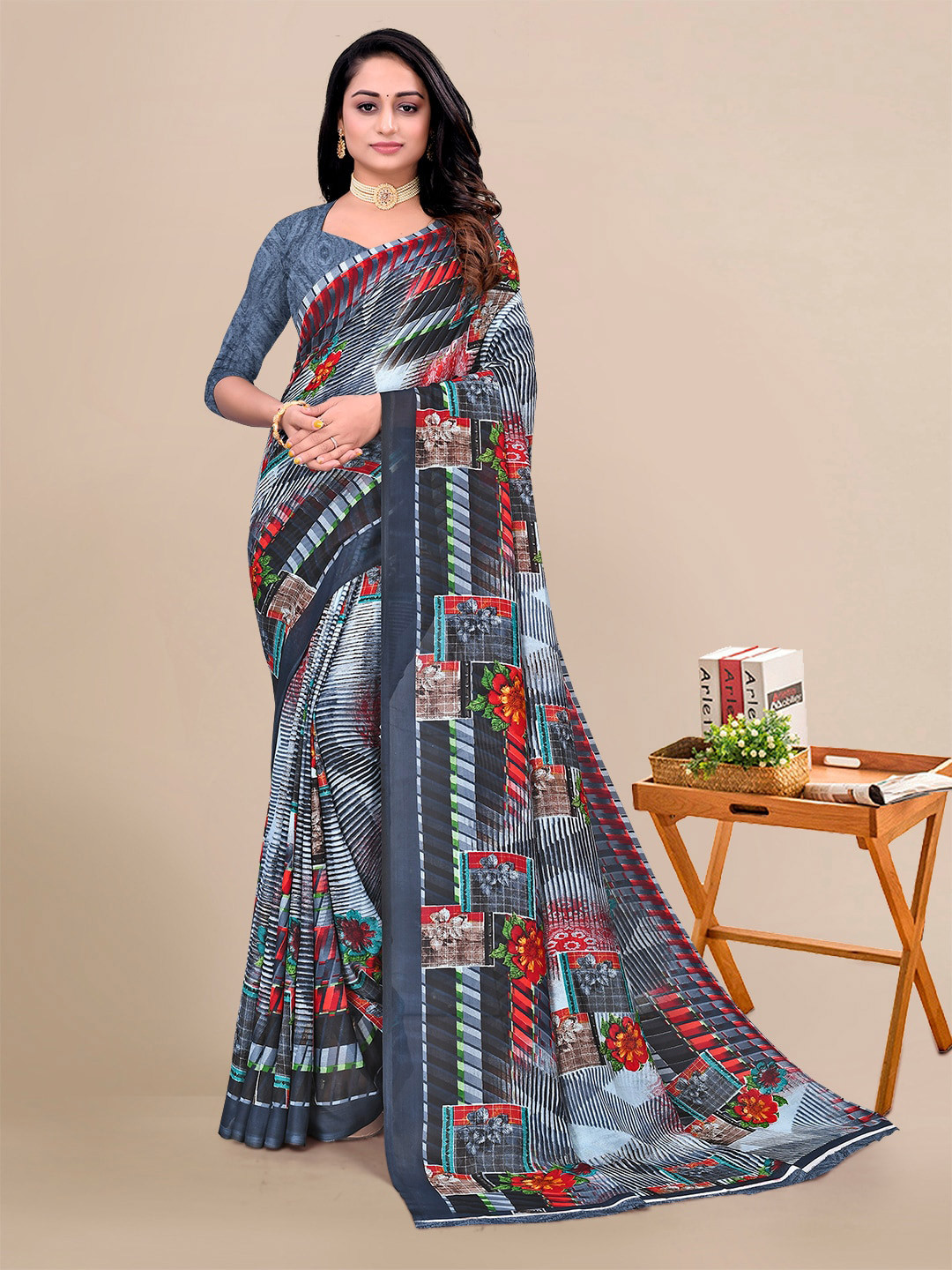 

KALINI Leheriya Printed Pure Georgette Saree, Blue