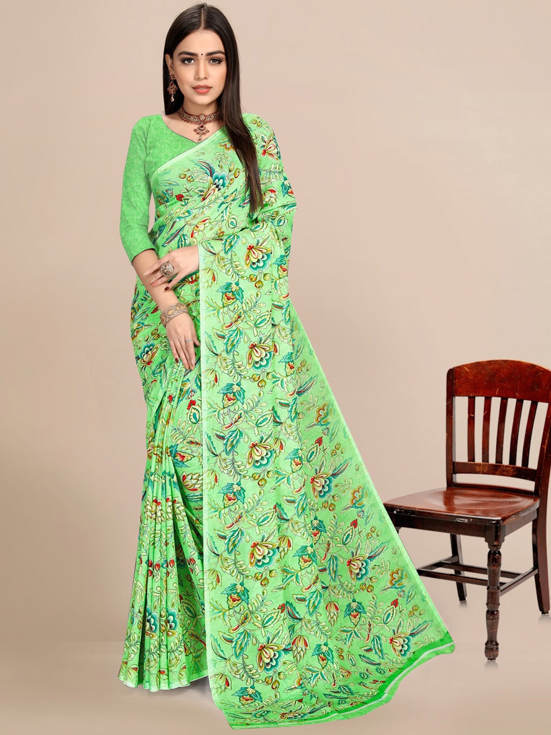 

KALINI Floral Printed Pure Georgette Saree, Green