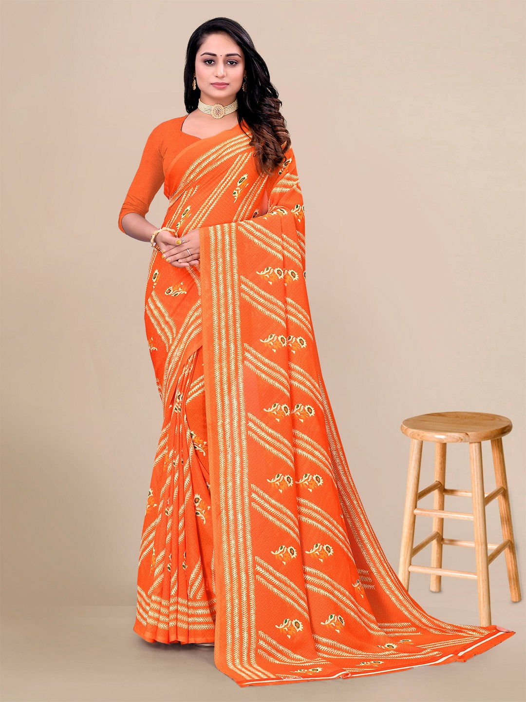 

KALINI Striped Pure Georgette Saree, Orange