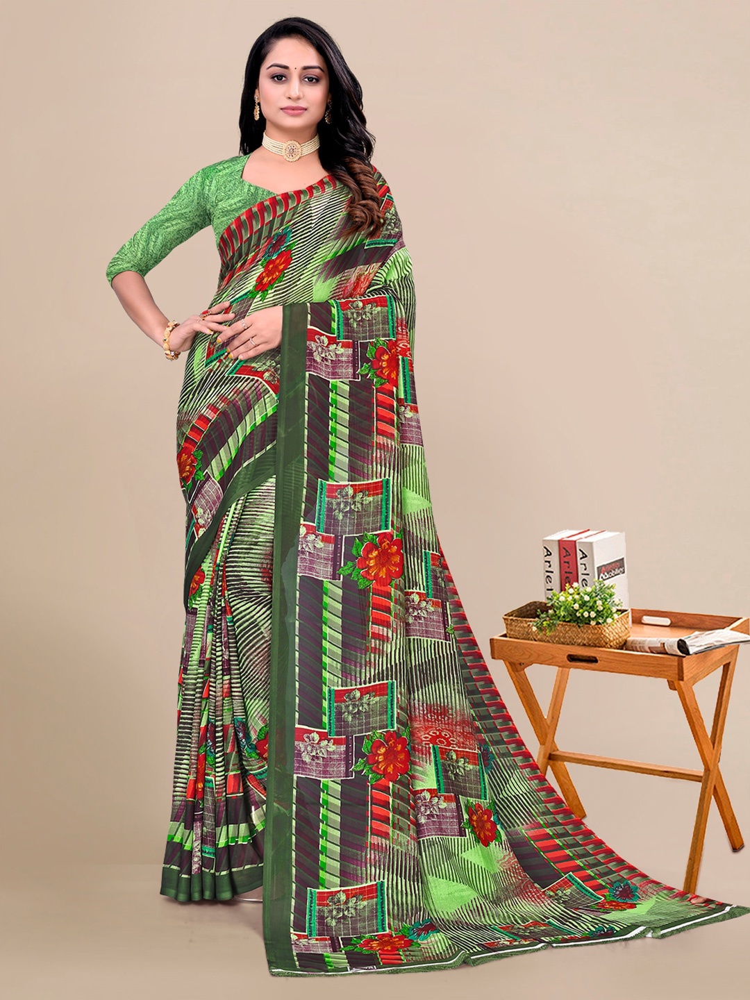 

KALINI Floral Printed Pure Georgette Saree, Green
