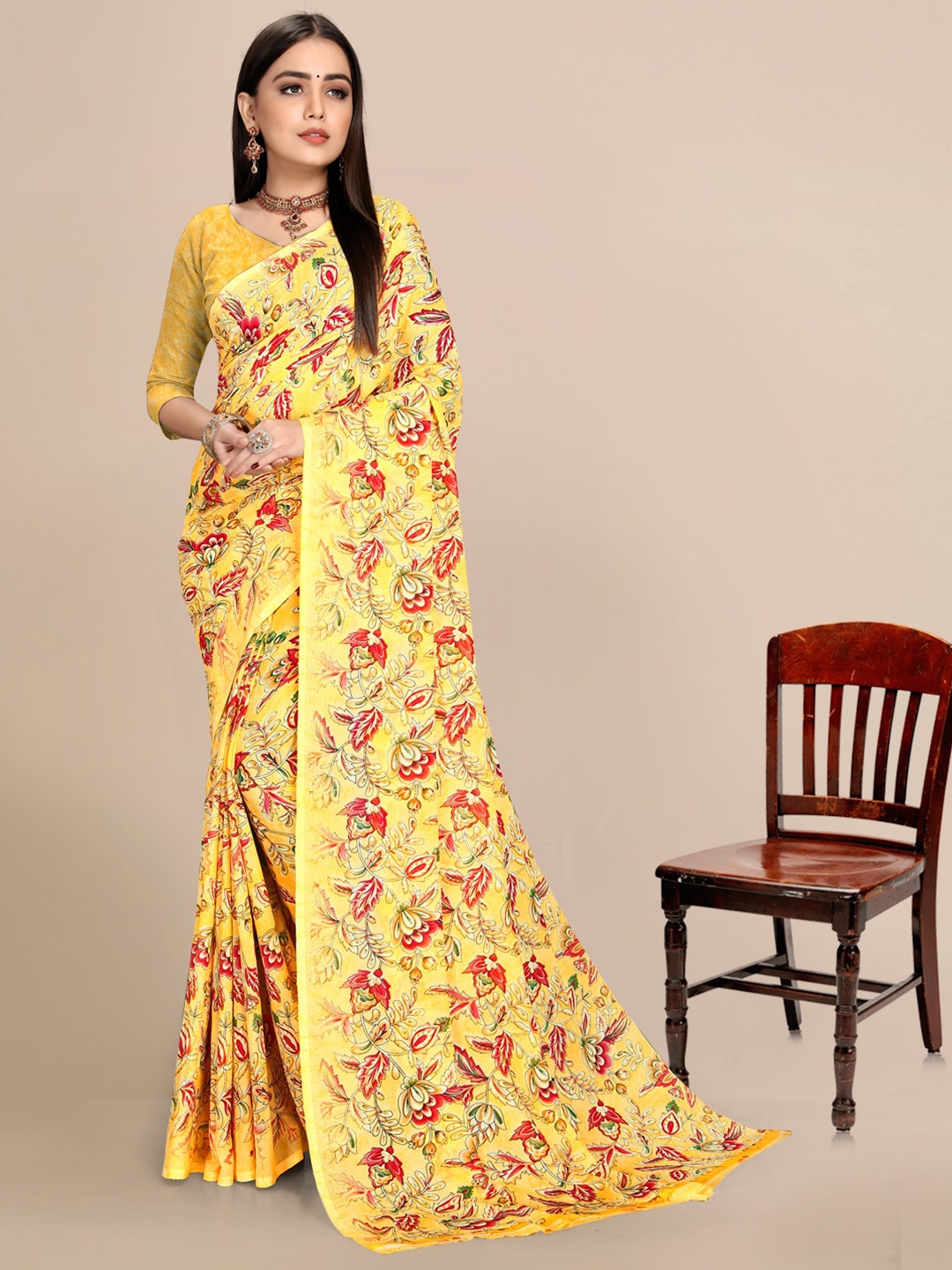 

KALINI Ethnic Motifs Printed Pure Georgette Saree, Yellow