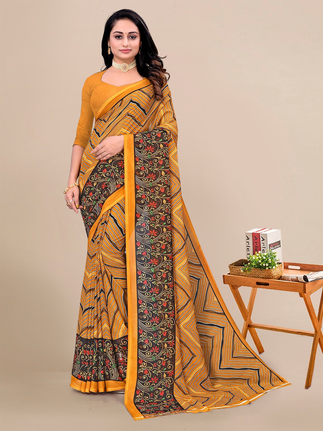 

KALINI Leheriya Printed Pure Georgette Saree, Yellow