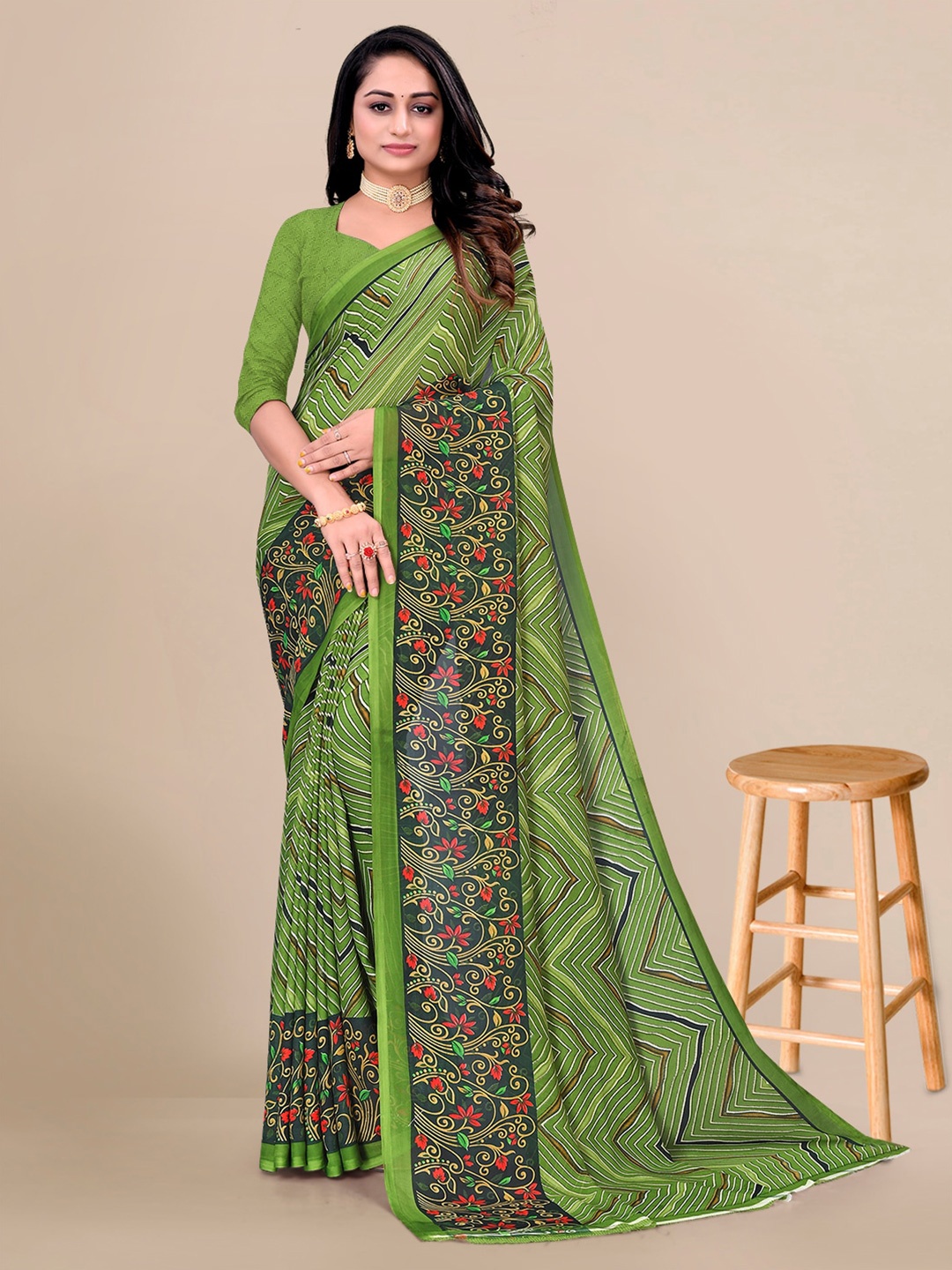 

KALINI Leheriya Printed Pure Georgette Saree, Green