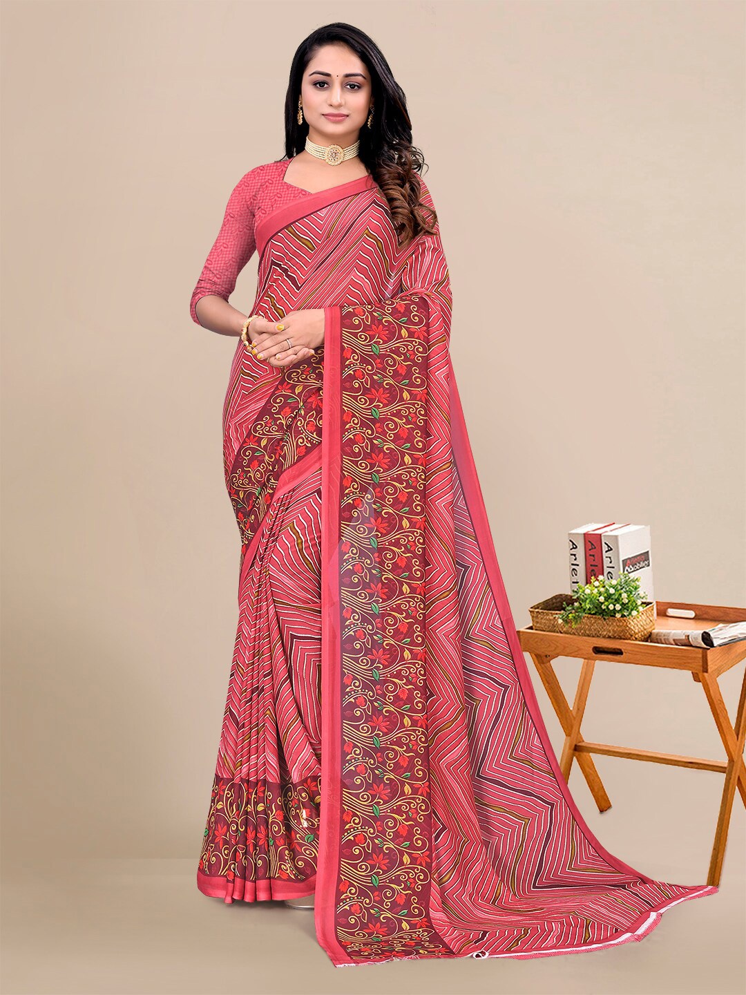 

KALINI Striped Pure Georgette Saree, Pink
