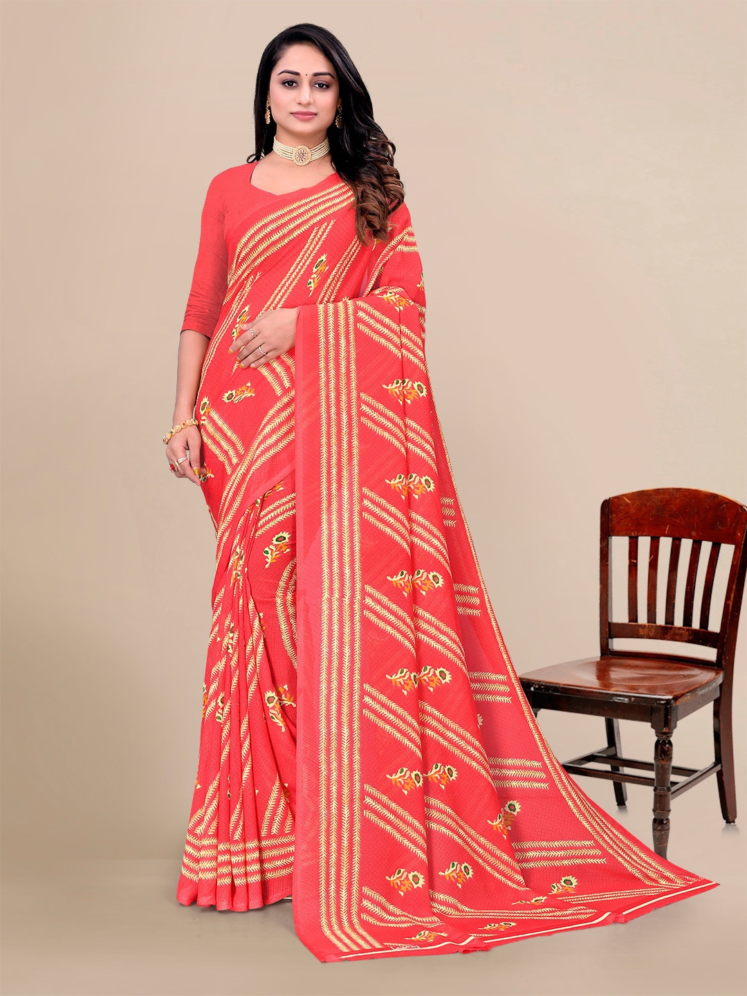

KALINI Floral Printed Pure Georgette Saree, Pink