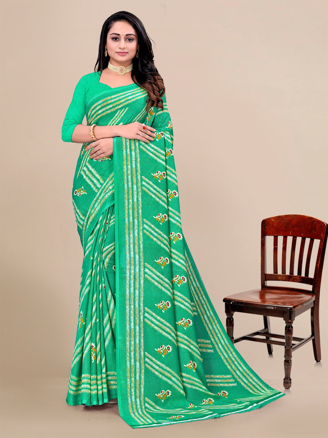 

KALINI Floral Printed Pure Georgette Saree, Sea green