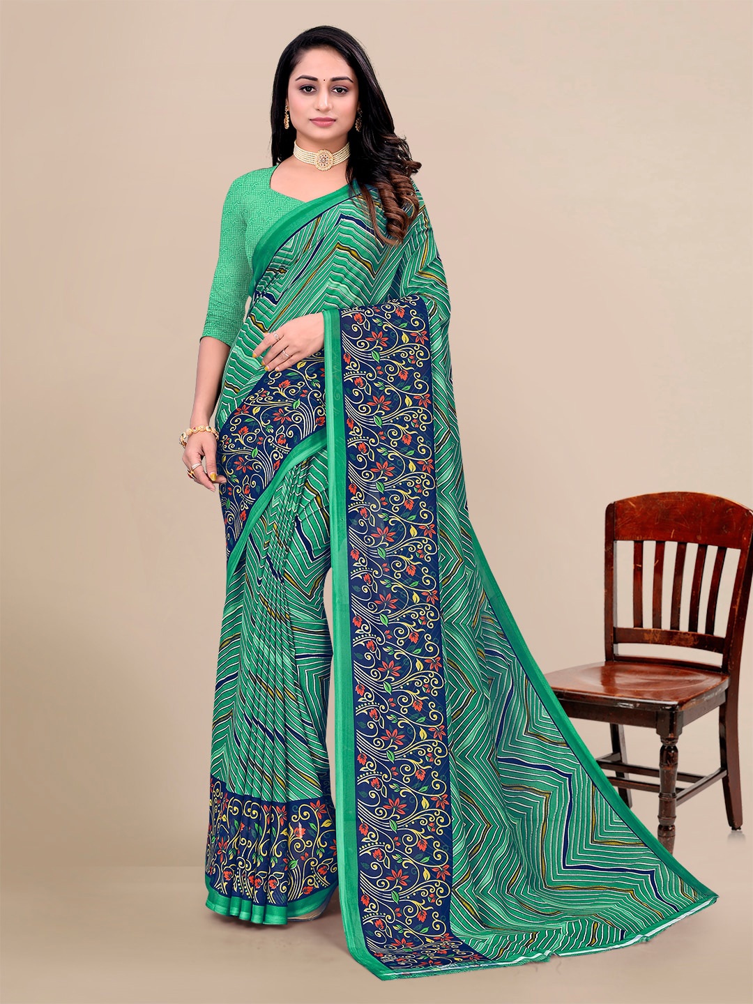 

KALINI Geometric Printed Pure Georgette Saree, Sea green