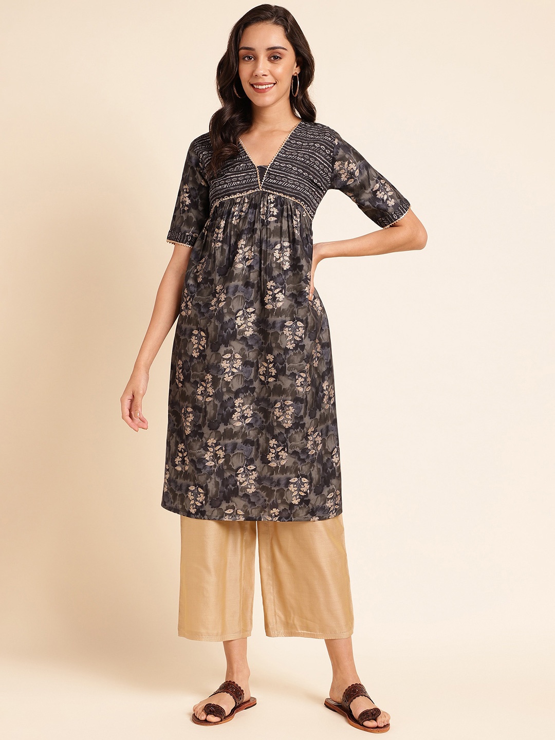 

KALINI Floral Printed V-Neck Gotta Patti Chanderi Silk Straight Kurta, Grey