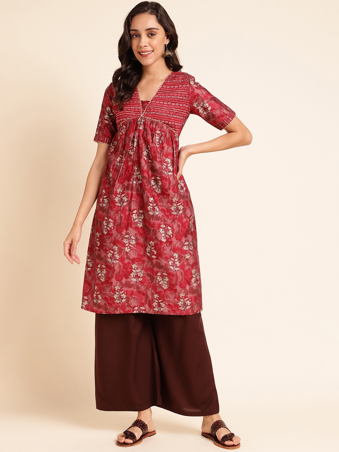 

KALINI Floral Printed V-Neck Gotta Patti Chanderi Silk Kurta, Maroon