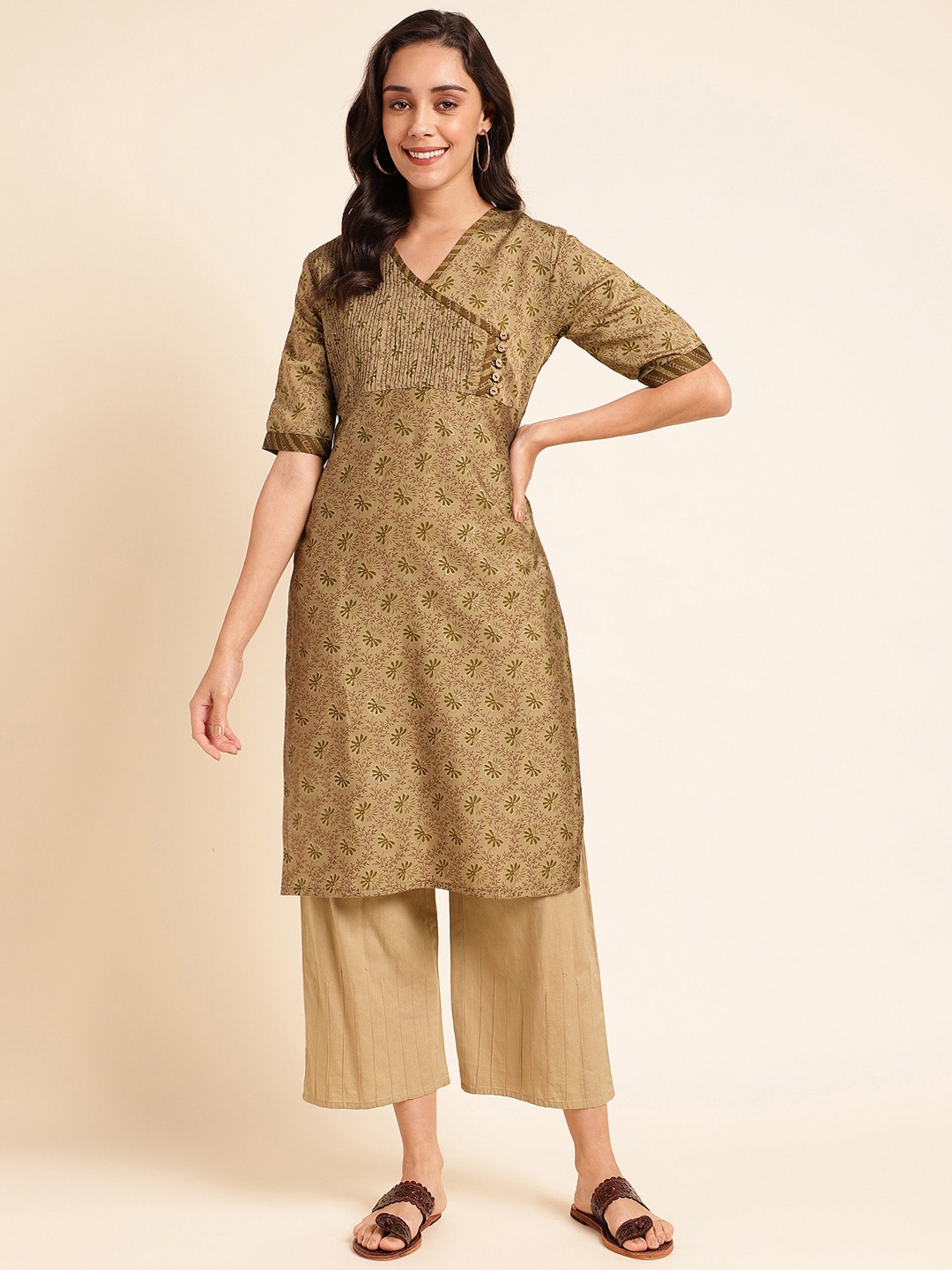

KALINI Floral Printed V-Neck Beads & Stones Chanderi Silk Straight Kurta, Olive