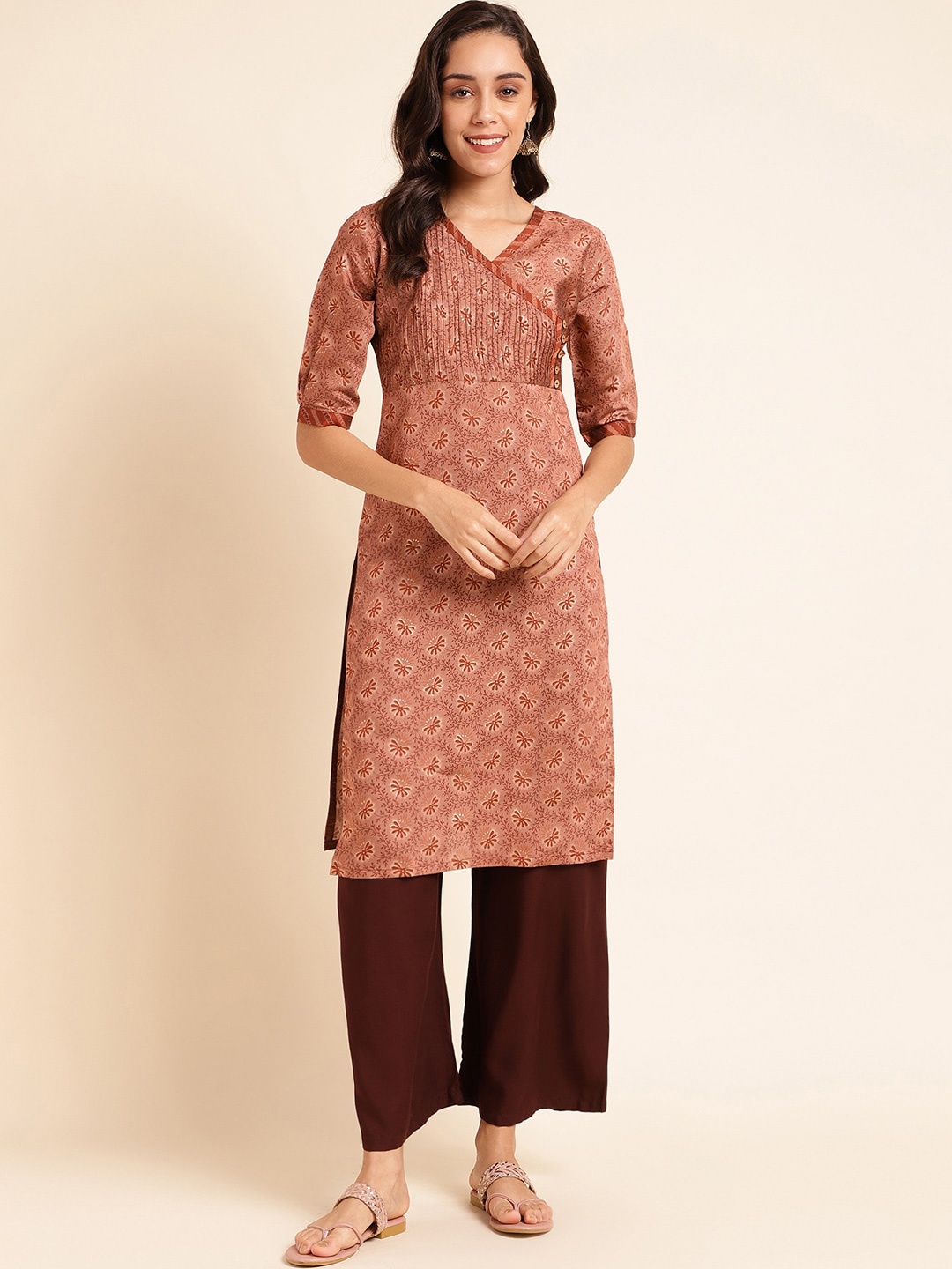 

KALINI Floral Printed V-Neck Beads & Stones Chanderi Silk Straight Kurta, Brown
