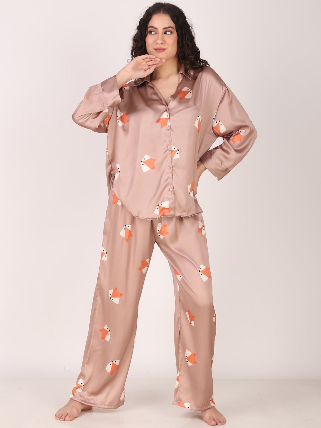 

Masha Conversational Printed Shirt Collar Long Sleeves Satin Oversized Shirt & Pyjamas, Brown