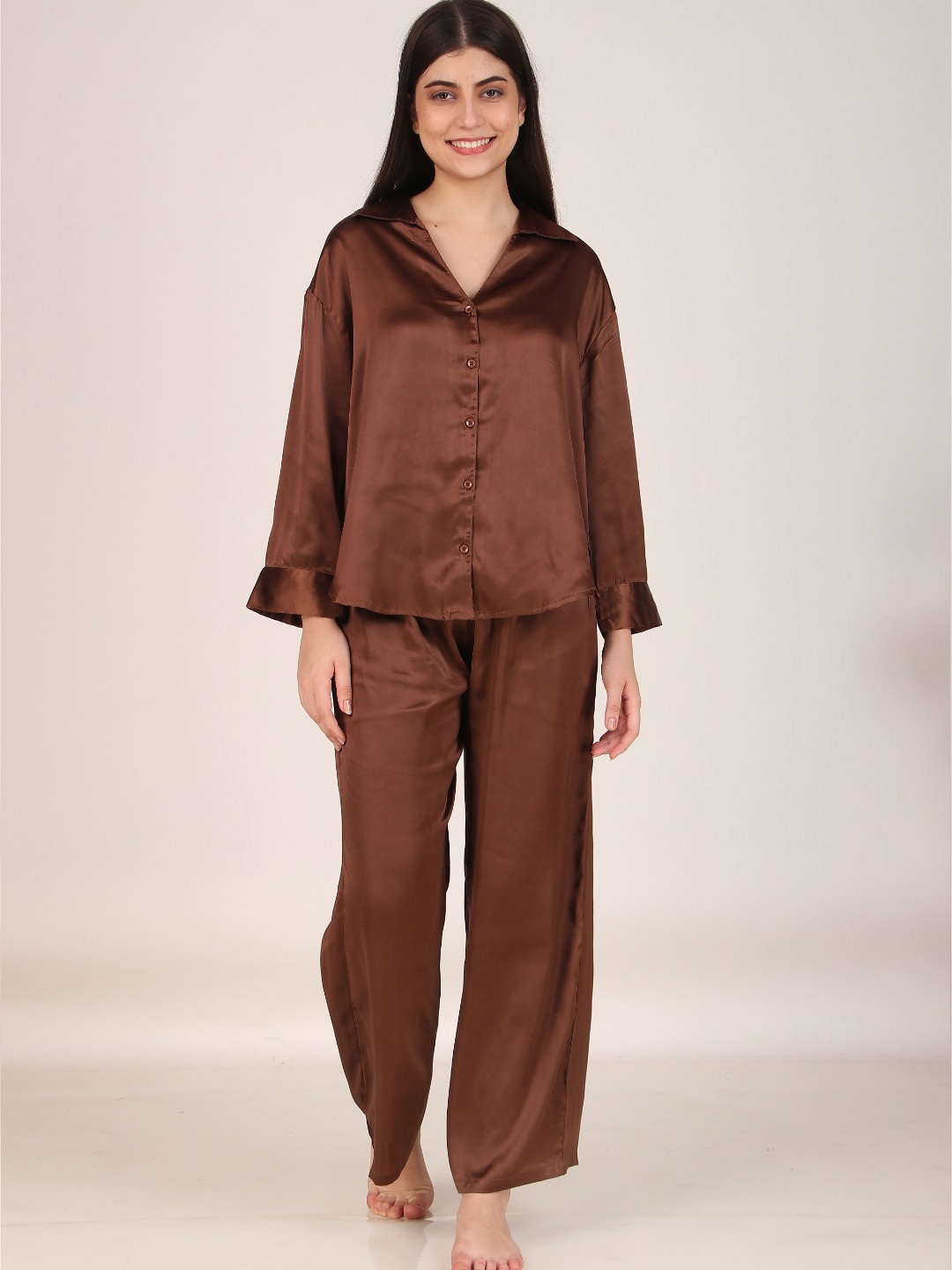 

Masha Shirt Collar Long Sleeves Satin Oversized Shirt & Pyjamas, Brown