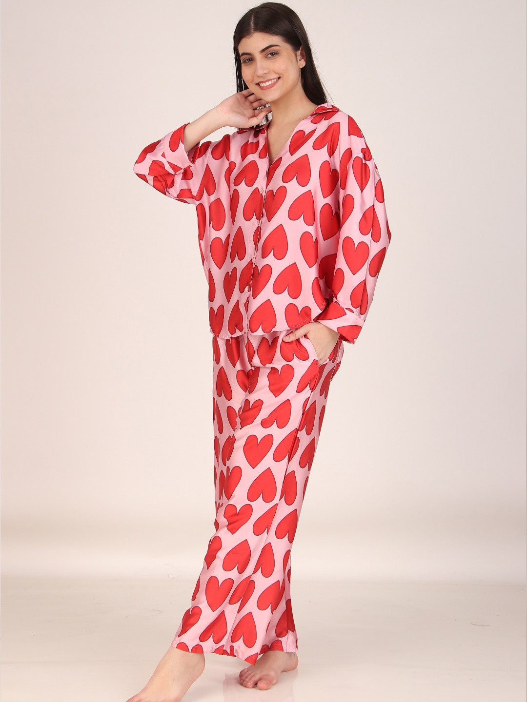 

Masha Conversational Printed Shirt Collar Long Sleeves Satin Oversized Shirt & Pyjamas, Red