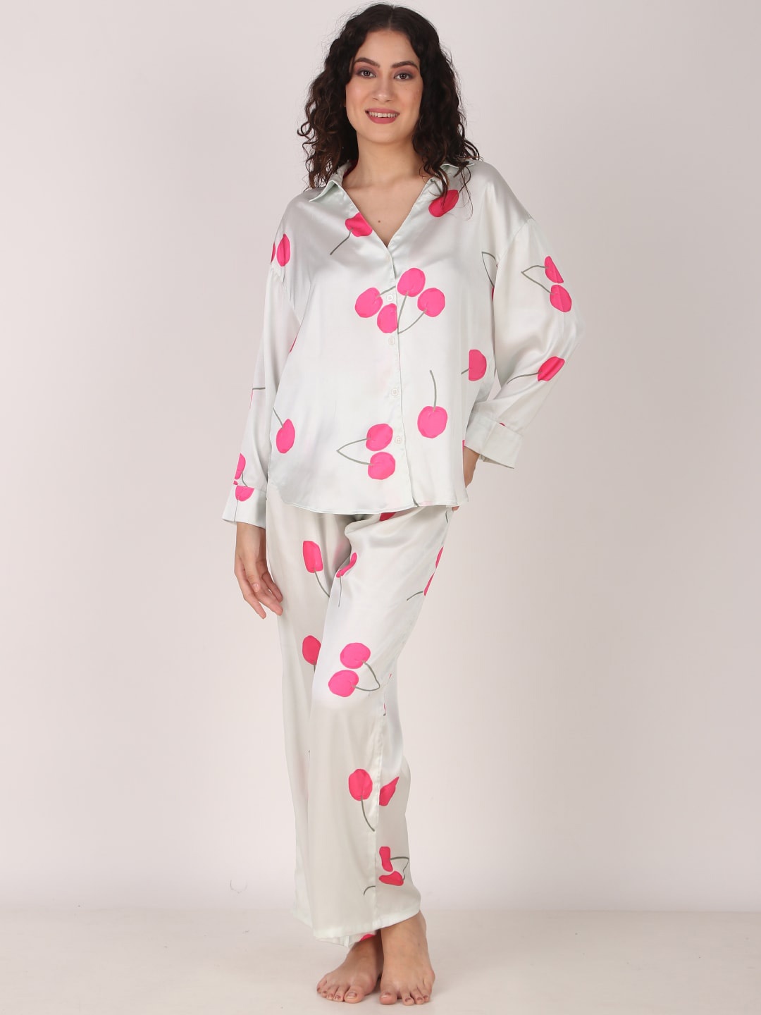 

Masha Conversational Printed Shirt Collar Long Sleeves Satin Oversized Shirt & Pyjamas, Grey