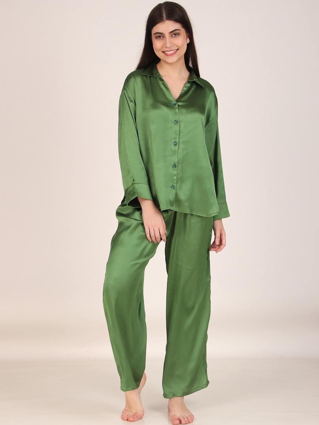 

Masha Shirt Collar Long Sleeves Satin Oversized Shirt & Pyjamas, Green