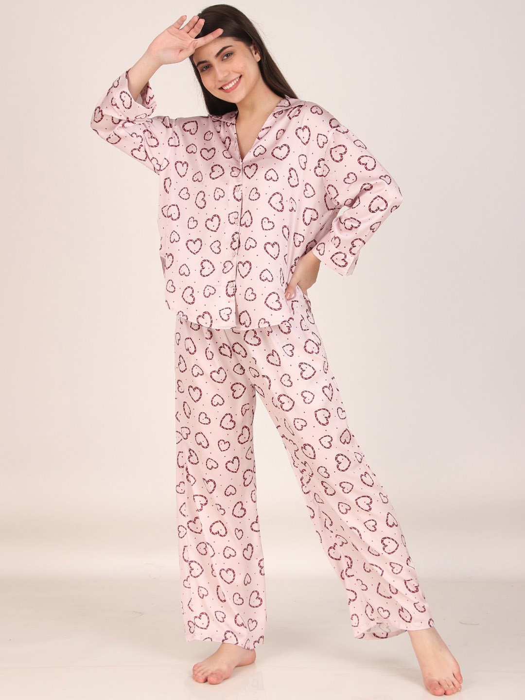 

Masha Printed Shirt And Pyjamas Satin Night Suit, Pink