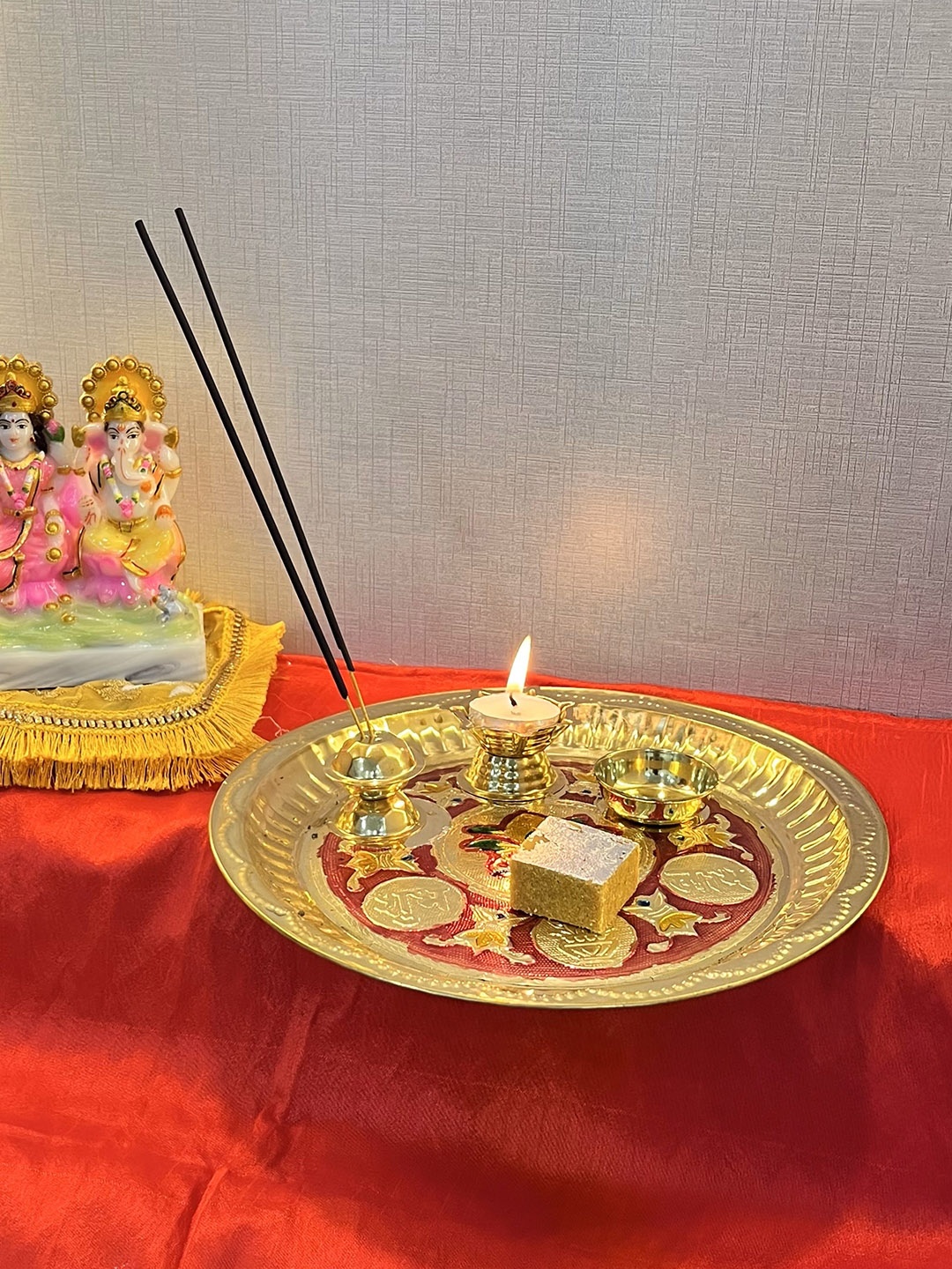 

Akaar Golden Pooja Thali With Attached Incense Diya Tilak Holder, Gold