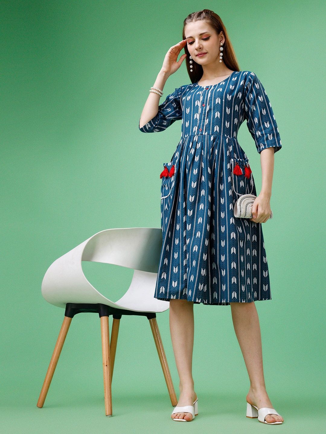 

KALINI Geometric Printed Pure Cotton A-Line Dress, Blue