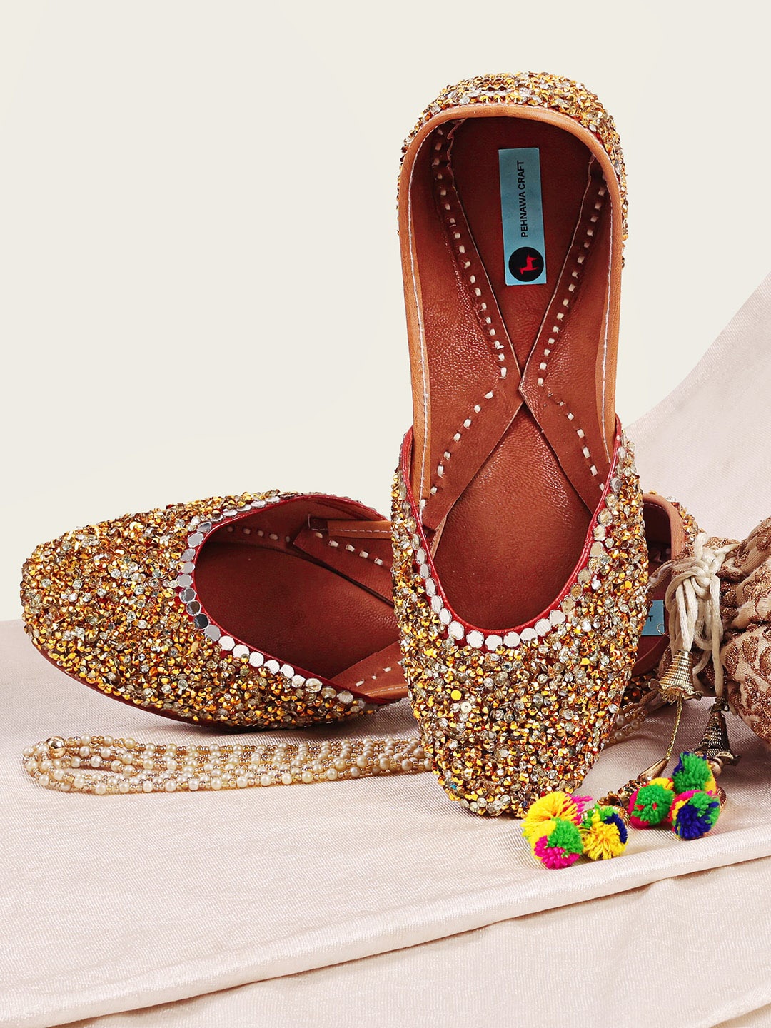 

PehnawaCraft Embellished Leather Square Toe Ethnic Mojaris, Gold