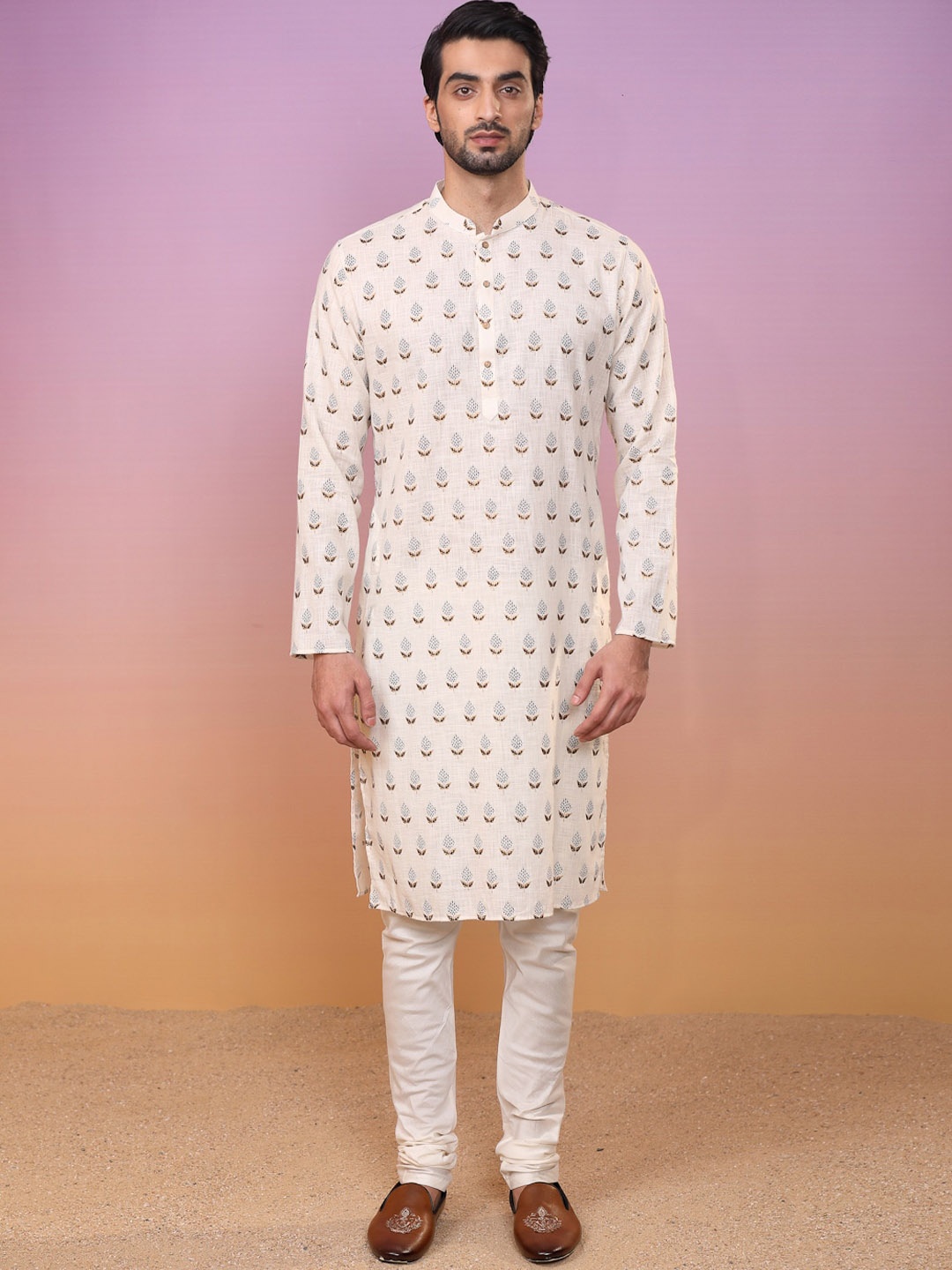 

Sangria Ethnic Motifs Printed Pure Cotton Straight Kurta With Pyjamas Set, Cream