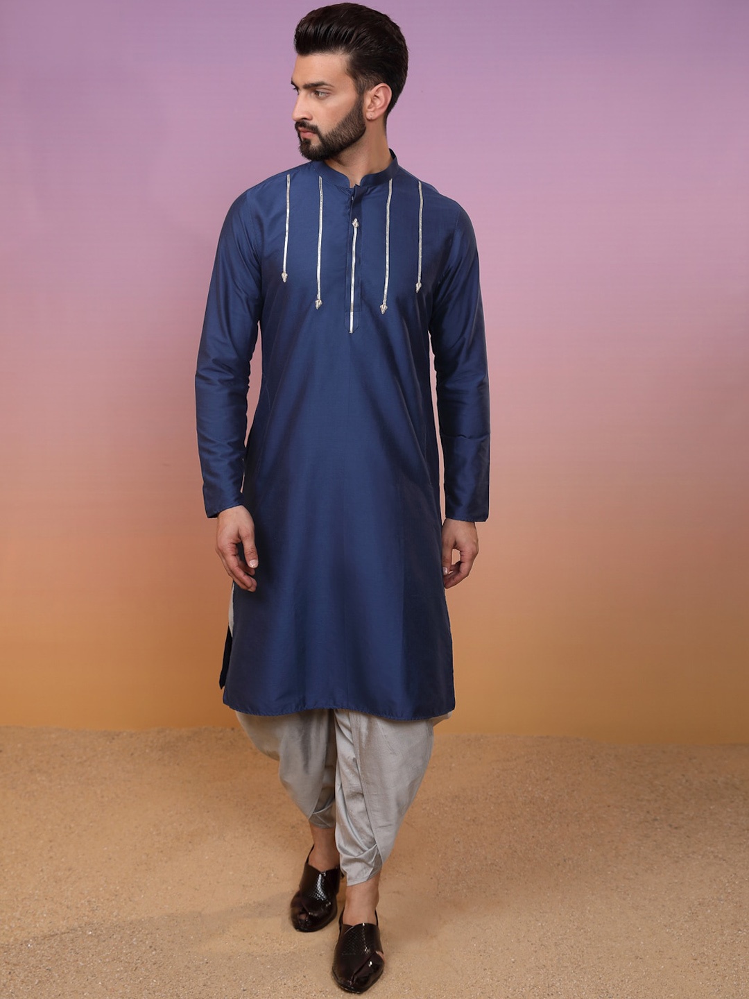 

Sangria Yoke Designed Mandarin Collar Pure Cotton Straight Kurta With Dhoti Pants, Blue